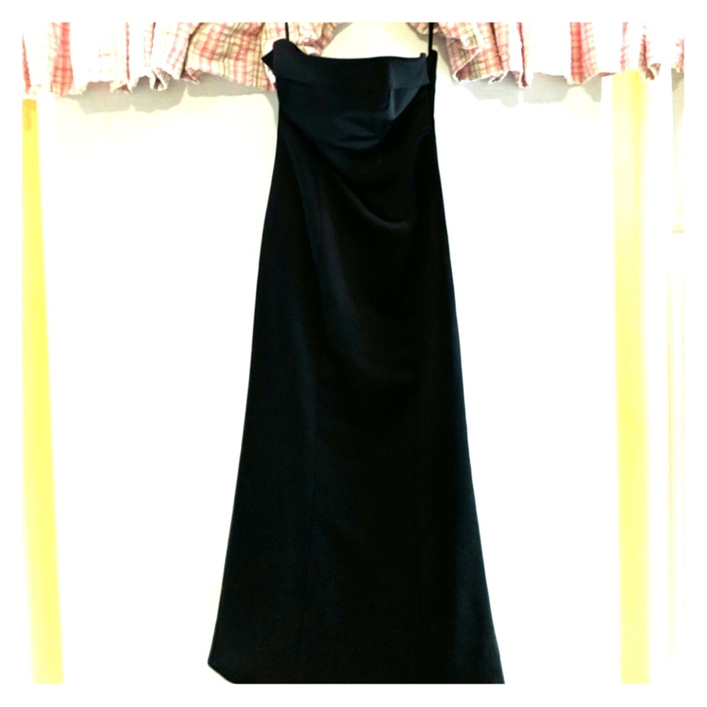 Long black strapless satin gown